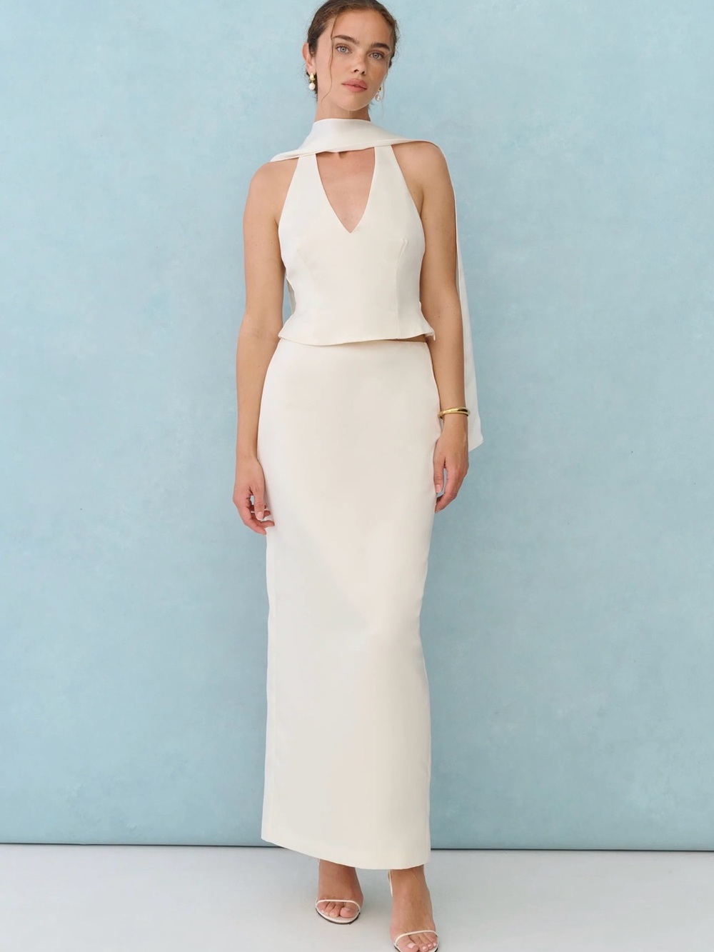 Few Moda NWT Ivory Satin Halter Jade Skirt Set